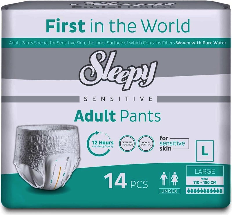 Sleepy Sensitive Adult Pants - Large (110–150 CM) - 14 PCS - Unisex Pull-Up Diapers for Sensitive Skin